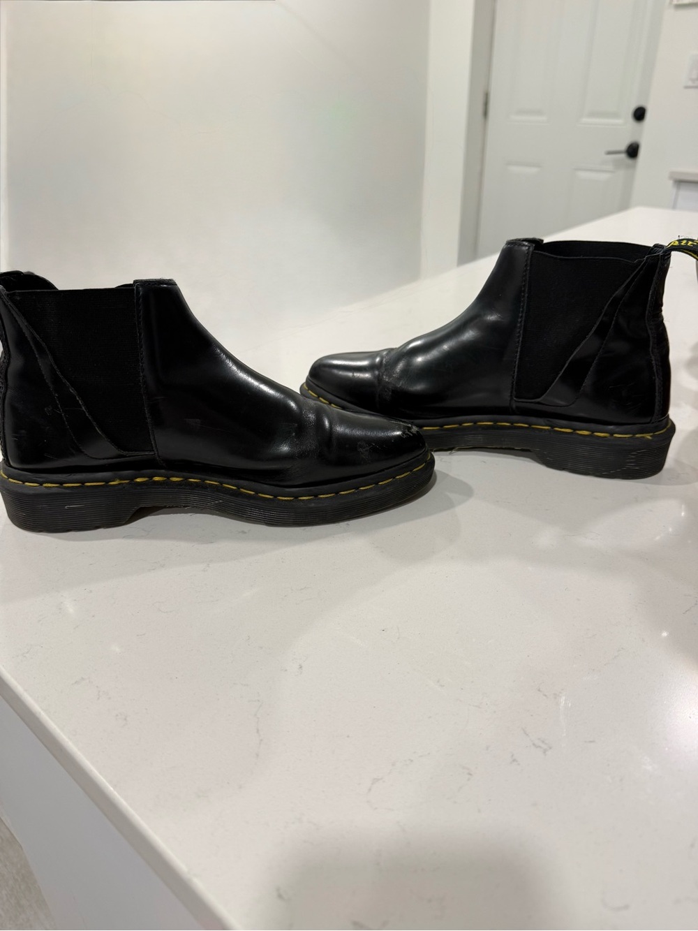 Dr. Martens Black Leather Chelsea Ankle Boots with Yellow Stitching